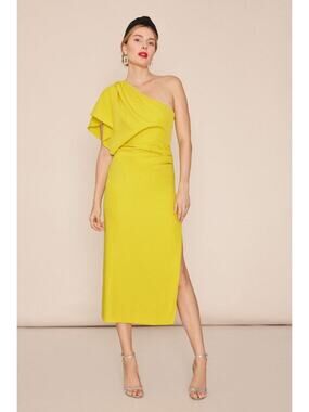 BRUNA Marcela One Shoulder Dress Chartreuse Yellow Pleated Knee Length Women's L